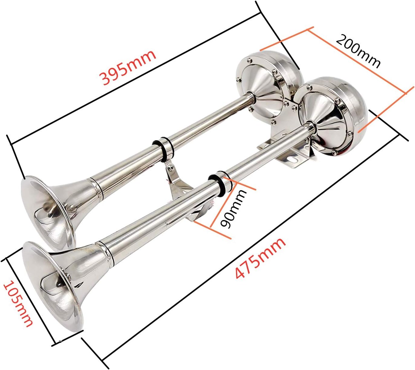 Electric Car Horn 150DB Bugle Loud Speaker - Marine Stainless Steel Double Horn 304 for 12V Cargo Wheel Ship Trucks Vans Trains Boats