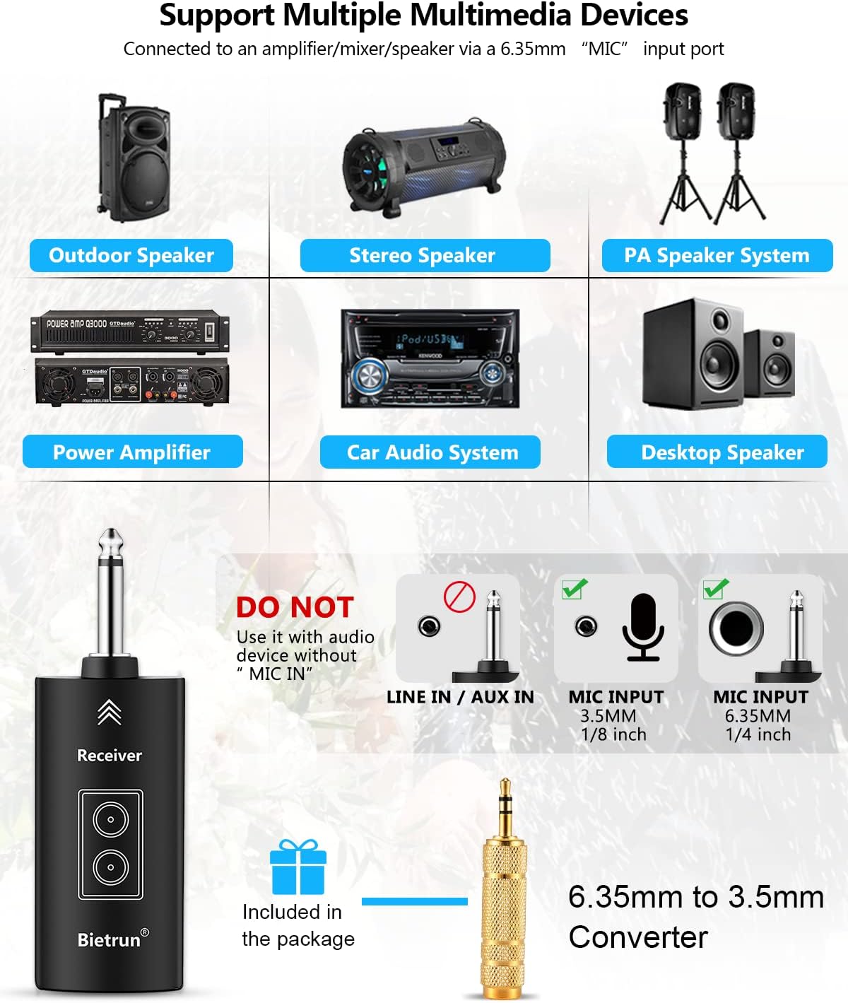 Bietrun Rechargeable Wireless Microphone, Dual Metal Cordless Handheld Dynamic Wireless Mics with 1/4'' Output for Karaoke, Meeting, Singing, Church, Wedding(UHF 240ft Range)(Receiver with Bluetooth)