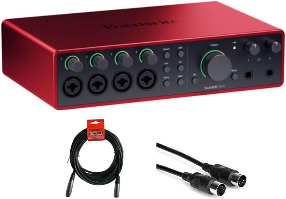 Focusrite Scarlett 18i16 USB-C Audio/MIDI Interface (4th Generation) Bundle with XLR- XLR Cable (2 Pack), Hosa Mid-310 Black 10 ft. Midi cable (2 Pack)