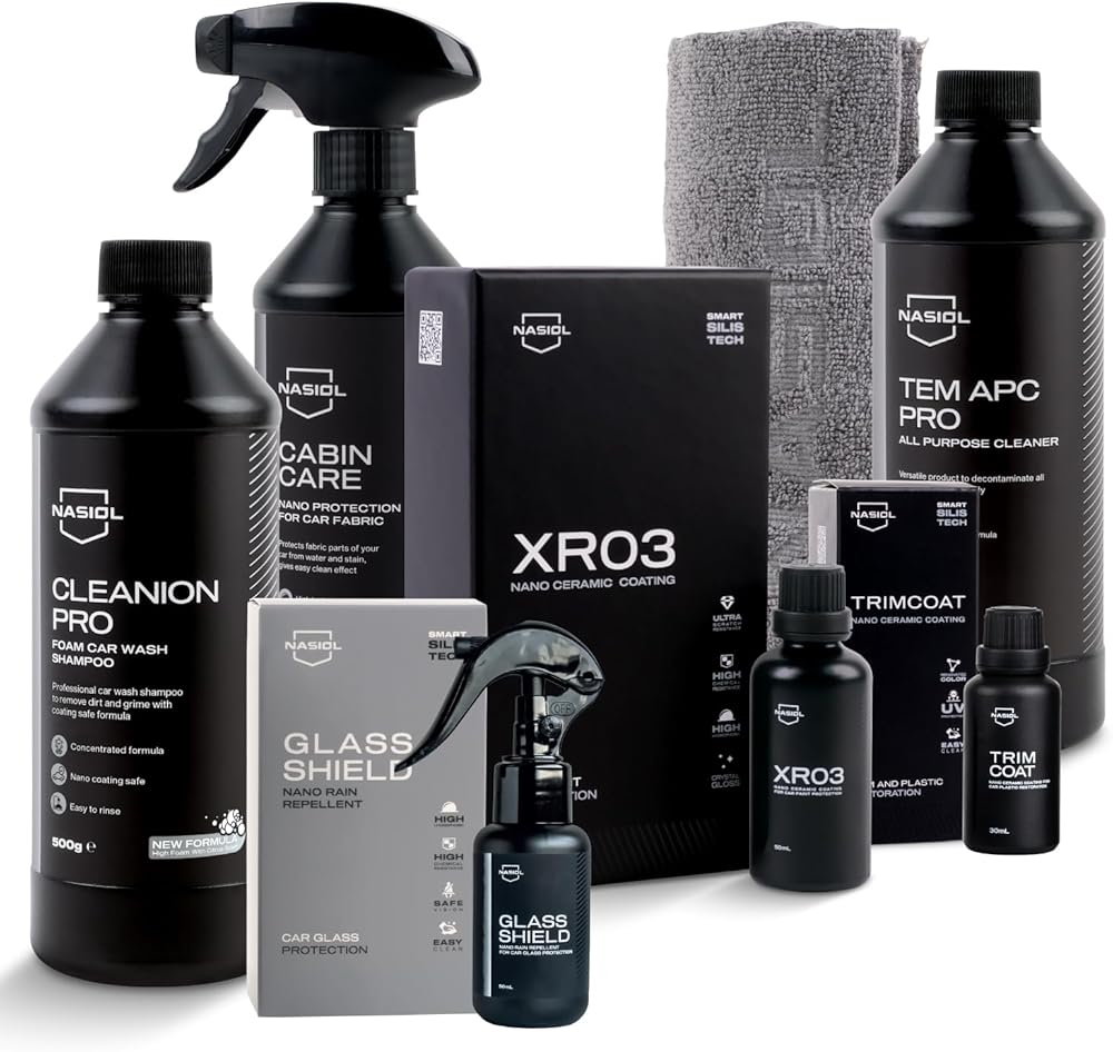 Nasiol Car Nano Protection and Cleaning Package Professional-Advantage Set-(Rain Repellent,Ceramic Coating,Plastic Protection,Fabric Protection,Car Shampoo,Car Interior Cleaner,Microfiber Cloth)