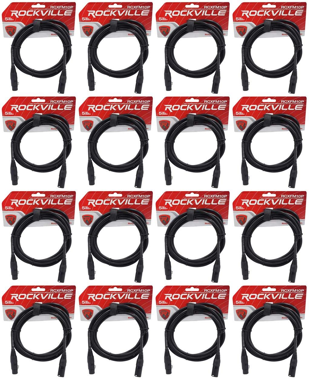 Rockville RCXFM10P-B 10 ft Black Female to Male REAN XLR Microphone Cables, 100% OFC Copper Conductors, 90% Shielded for EMI/RFI Rejection, Nickel Plated Connectors, 16-Piece