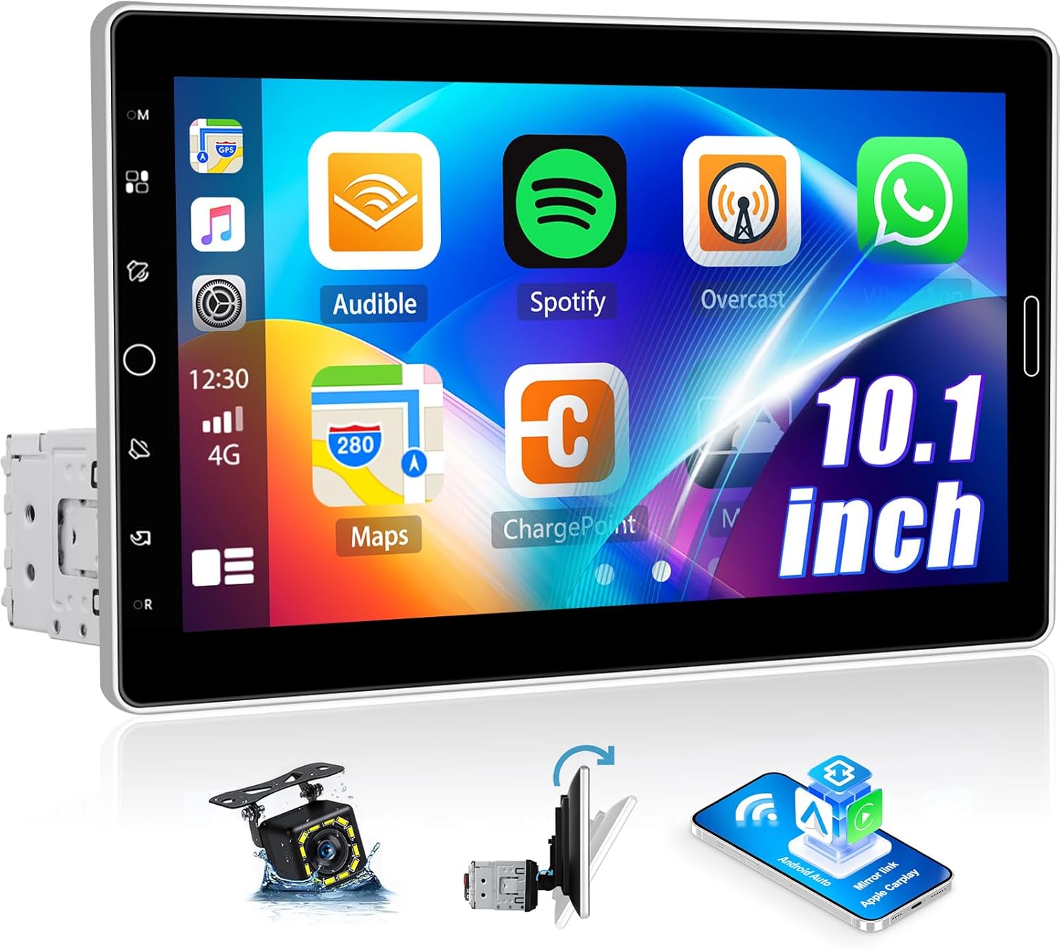 10.1 inch Single Din Car Stereo with Wireless CarPlay Android Auto, Manually Rotated Touch Screen Car Radio with Bluetooth, Online Video Playback, FM RDS EQ USB SWC Car Audio Receiver Backup Camera
