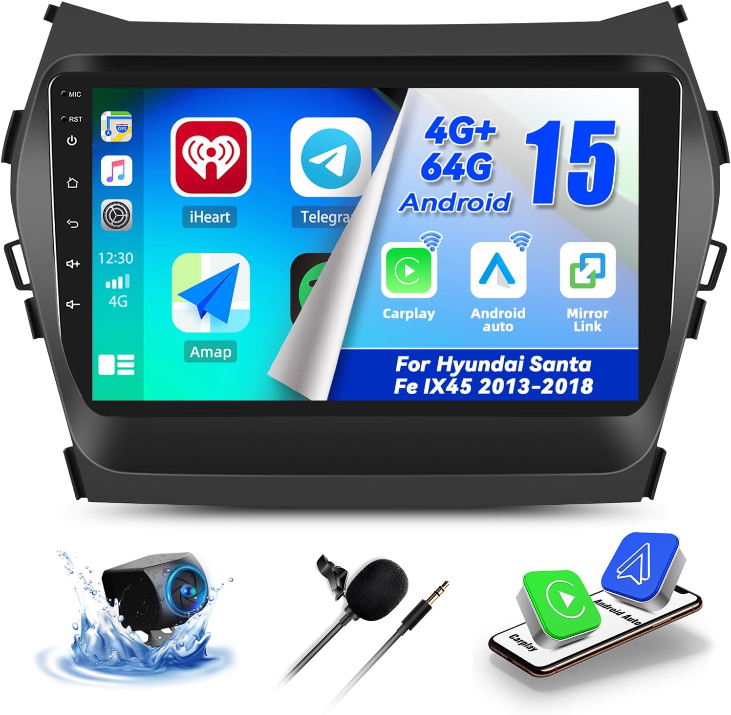 CAMECHO [4G+64G] Android 15 Car Stereo for Hyundai Santa Fe IX45 2013-2018, 9
