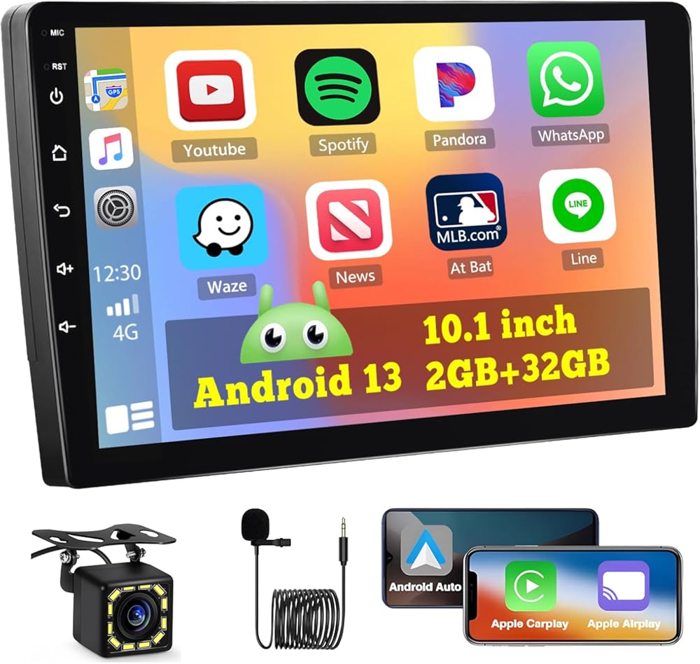 Hikity Android Car Stereo Double Din, 10.1 Inch Touchscreen Wireless Carplay Android Auto Indash Radio with GPS Bluetooth FM WiFi Mirror Link SWC + Backup Camera/Microphone