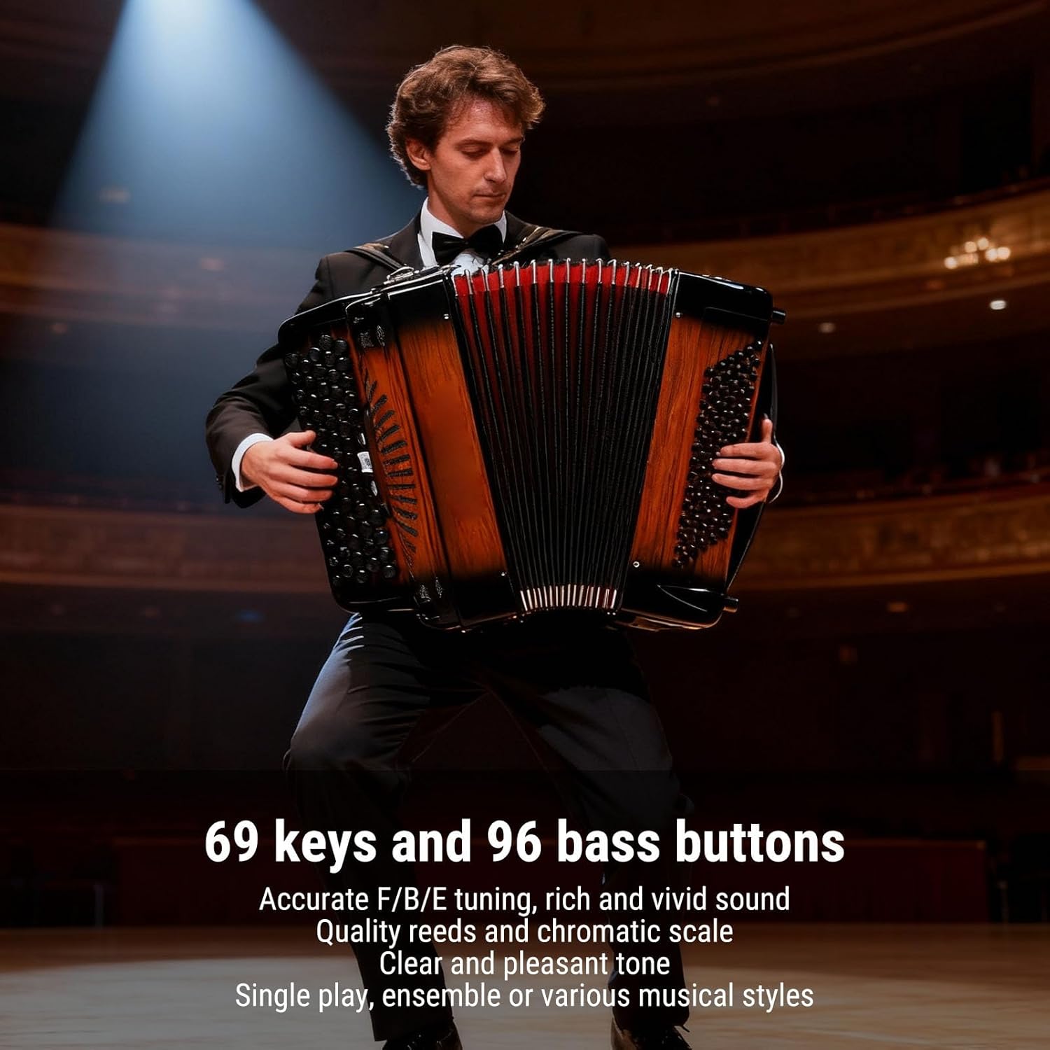 96 Bass Buttons Accordion 69 Keys Chromatic Scale Instrument F B E Tuning Orange for Beginners to Professionals Adjustable Straps