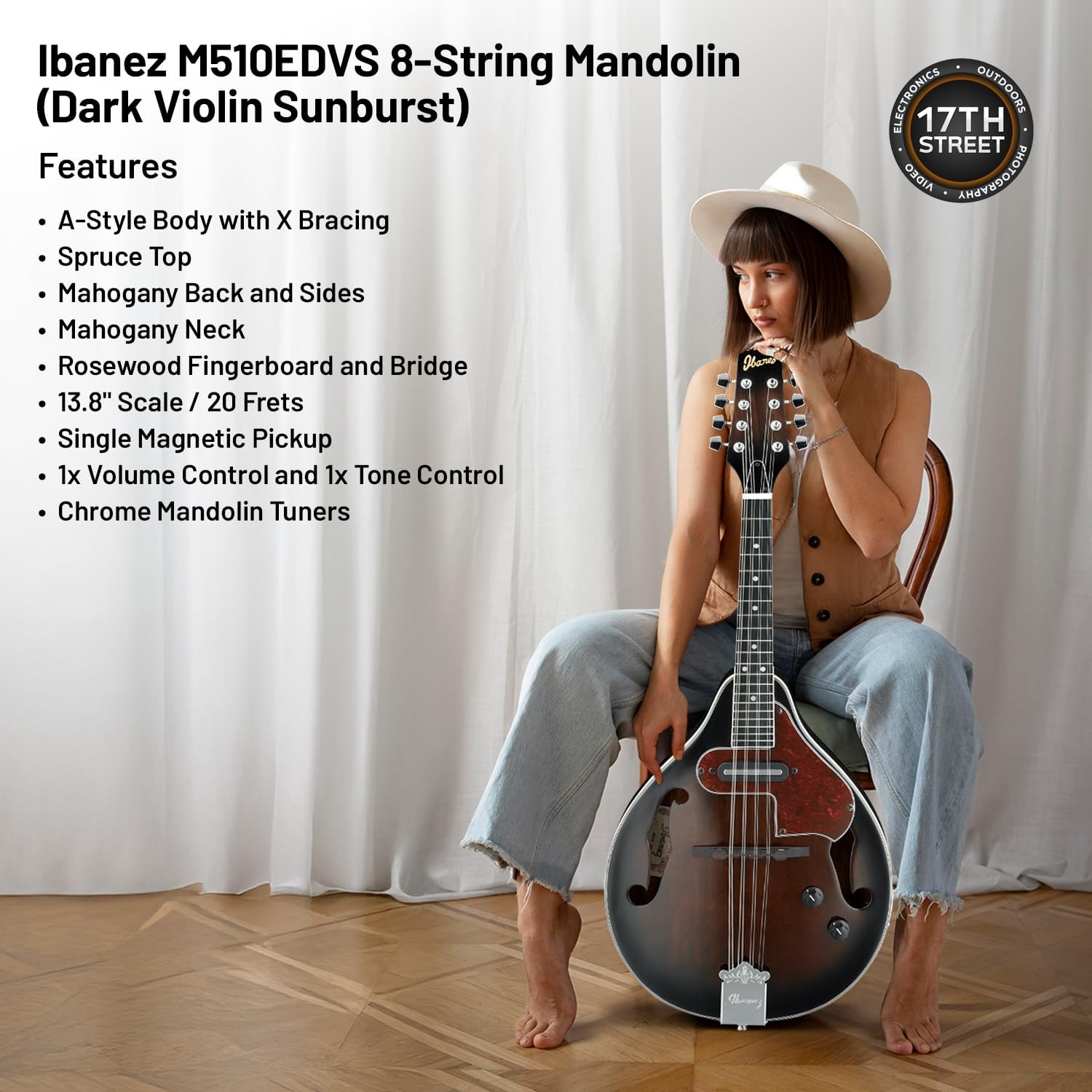 Ibanez M510EDVS 8-String Electric Mandolin (Dark Violin Sunburst) - A-Style Mandolin with GSF50 Powerpad Strap, String Capo, 15 Pack Guitar Picks with Storage Box & Cleaning Cloth (Bundle Set)