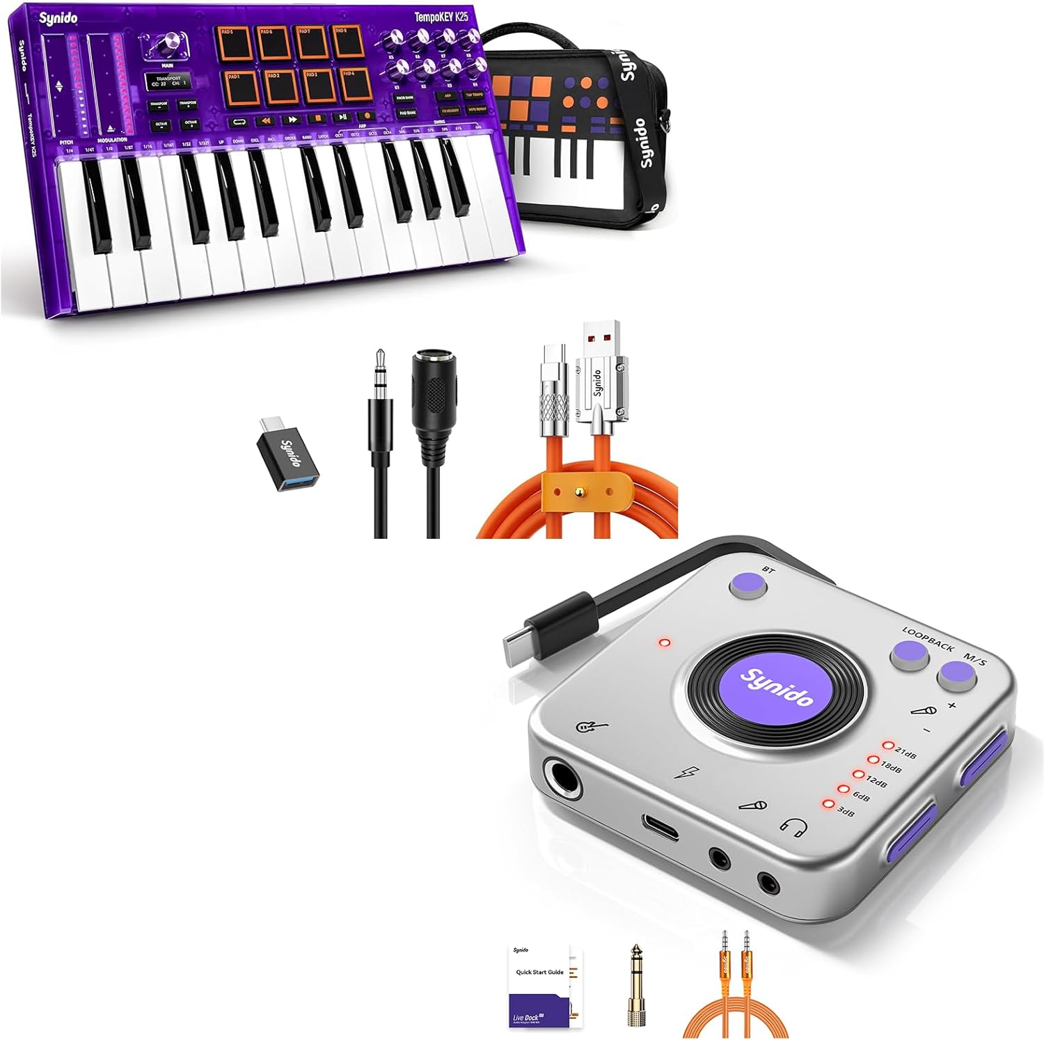 Synido TempoKEY K25 USB C MIDI Keyboard Controller Mini 25 Key with 8 Drum Pads and Synido Audio Interface for Recording Music with Instrument Gain Control