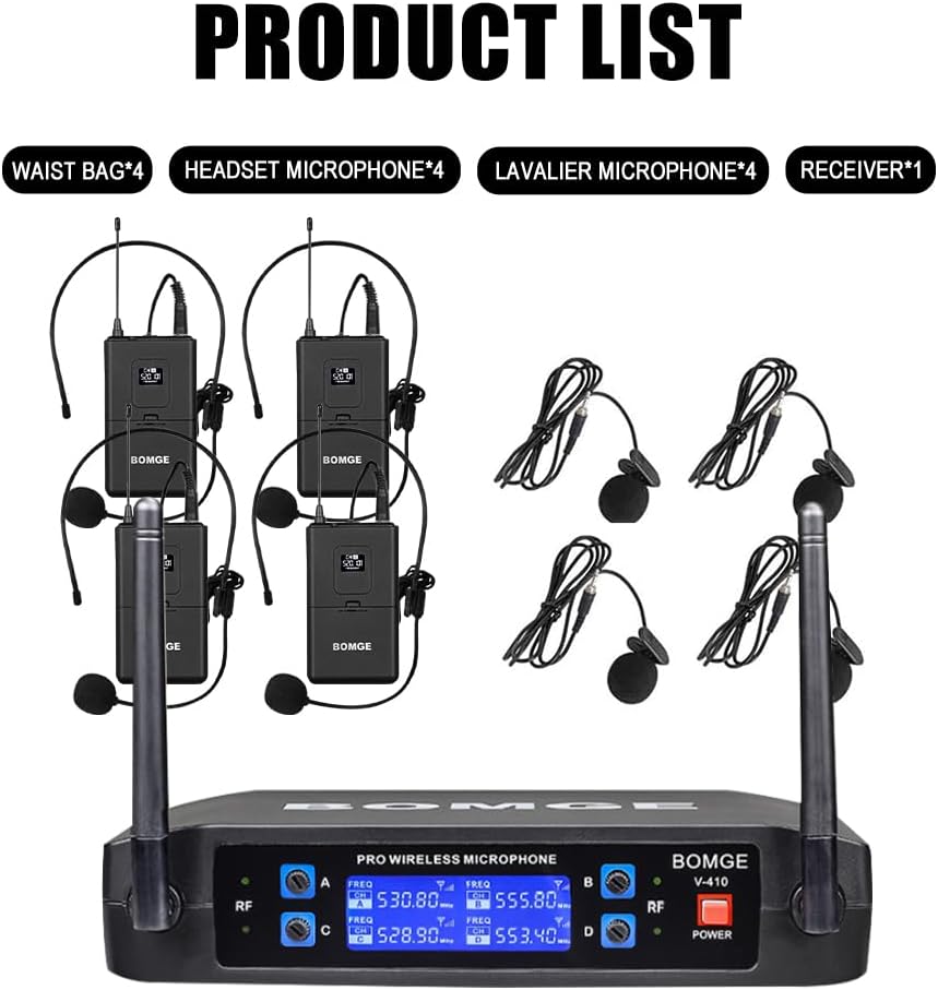 BOMGE Wireless Microphone System, Pro 4-Channel Cordless Mic Set with Four Handheld Mics, Fixed Frequency, Long Range 200ft, Ideal for Church,Karaoke, Events (V410B)
