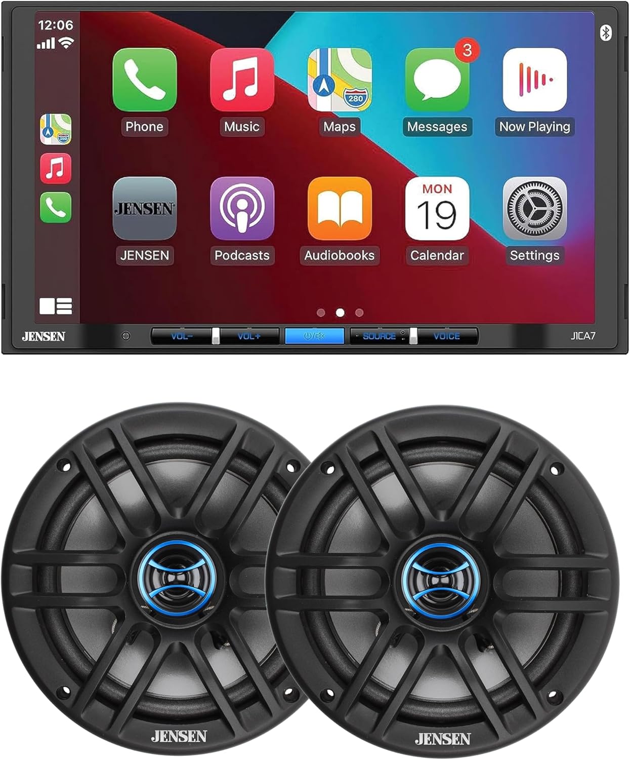 JENSEN J1CA7 7-inch Certified Apple CarPlay Android Auto Double DIN Car Stereo & JS62 2-Way 6.5 inch Car Speakers
