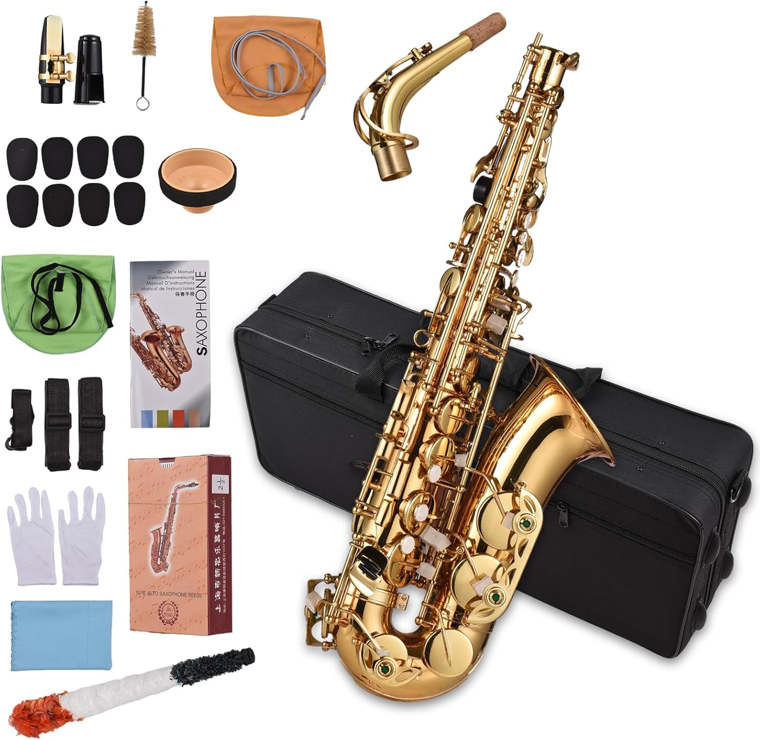 Saxophone, Alto Saxophone Brass Lacquered Alto Sax Wind Instrument Sax Alto Saxophone with Carry Case Gloves Straps Saxophone Mouthpiece for Beginner Students (02)