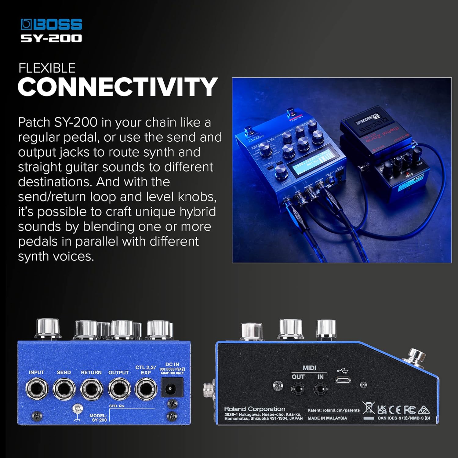 BOSS SY-200 SYNTHESIZER EFFECTS PEDAL – Advanced BOSS Polyphonic Guitar Synth Technology in a Streamlined 200 Series Pedal for any Guitar or Bass – Full MIDI I/O – 128 Memories – 171 Synth Sounds