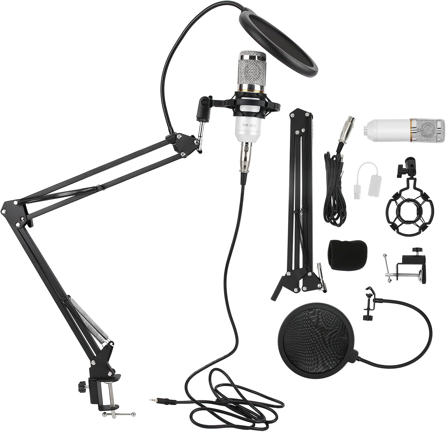 Condenser Microphone Kit, USB with Flexible Arm, High Sensitivity Directional Pickup, Wide Dynamic Range, Ideal for Streaming and Recording (White+Silver)