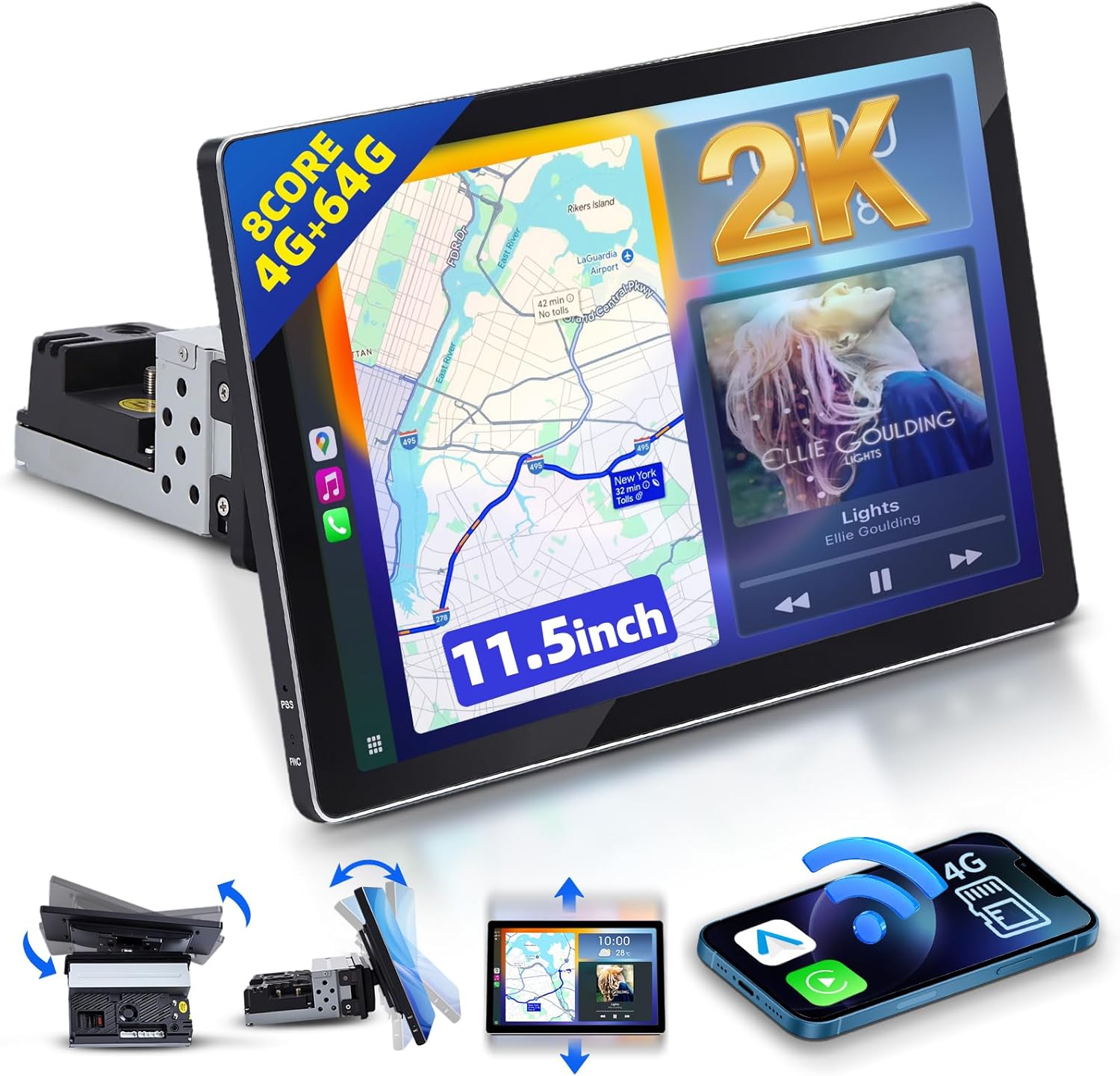 11.5” Car Stereo with Apple CarPlay, 2K Single Din Radio 4G+64G Android Auto Touch Screen,8 Core Wireless Car Play Audio Receivers Head Unit Display with Bluetooth/4G LTE/DSP/SWC/Mirror Link