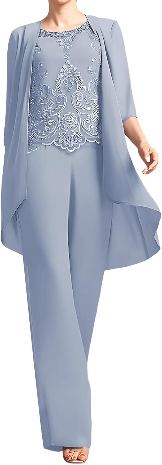 3 Pieces Mother of The Bride Pant Suits - 3/4 Sleeve Lace Chiffon Formal Jumpsuits for Women