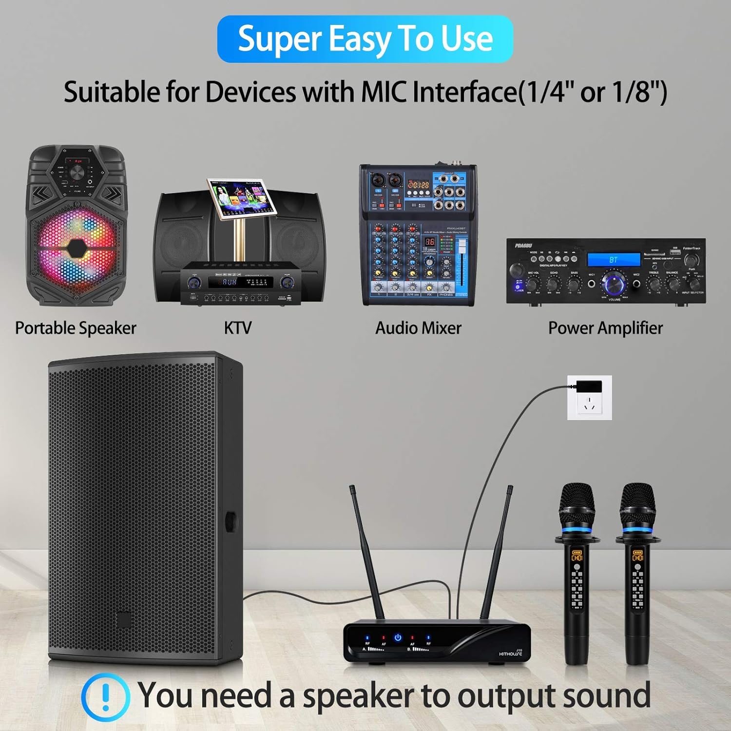 J10 Wireless Microphone Karaoke System Rechargeable, UHF Metal Cordless Microphone Handheld with Volume Echo Treble BASS Control and Receiver Box for Singing Karaoke Speech Meeting