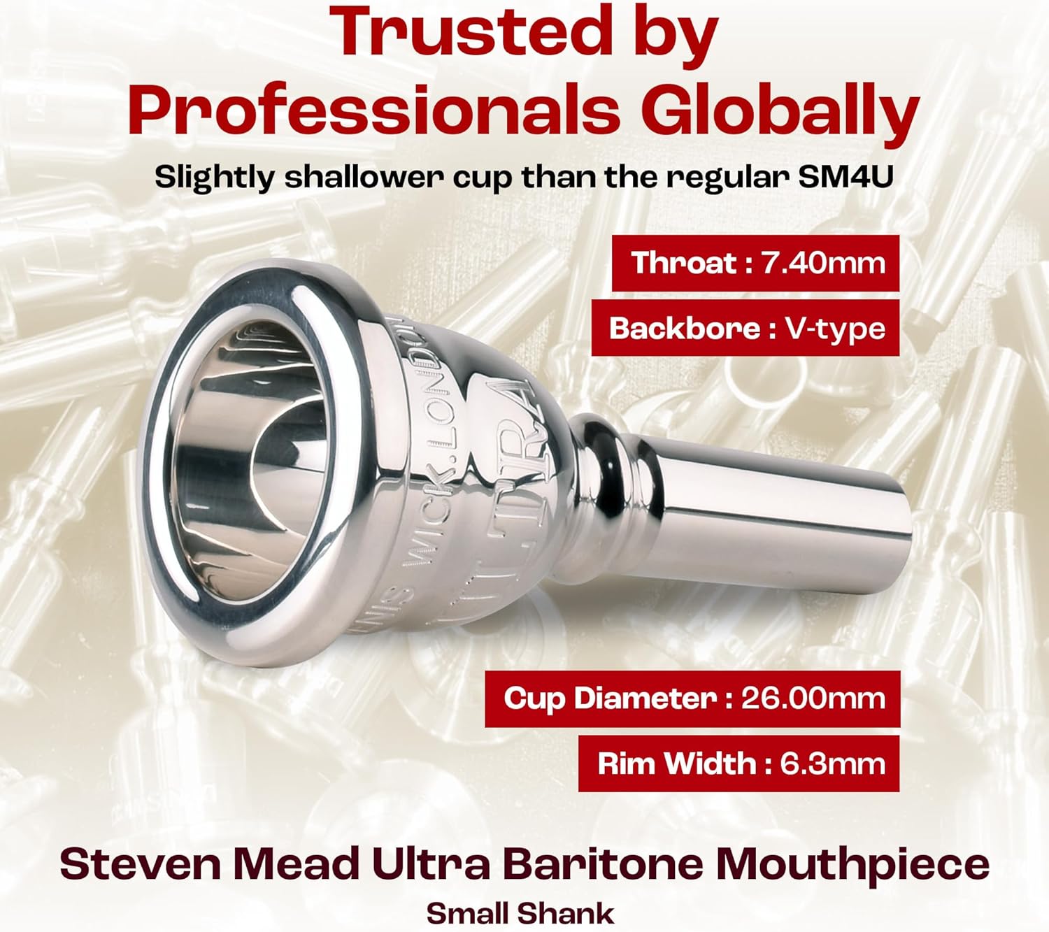 Denis Wick Steven Mead Ultra Baritone Mouthpiece - Silver Plated, 5880B-SM4X - V-Type Backbore for Balanced Airflow & Tone - Baritone Accessories for Easy Articulation 26.00 x 6.3 x 7.4mm
