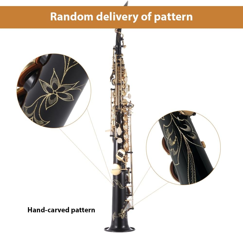 Brass Straight Soprano Sax Saxophone Bb B Flat Woodwind Instrument Natural Shell Key Carve Pattern with Carrying Case Gloves Cleaning Cloth Straps Cleaning Rod