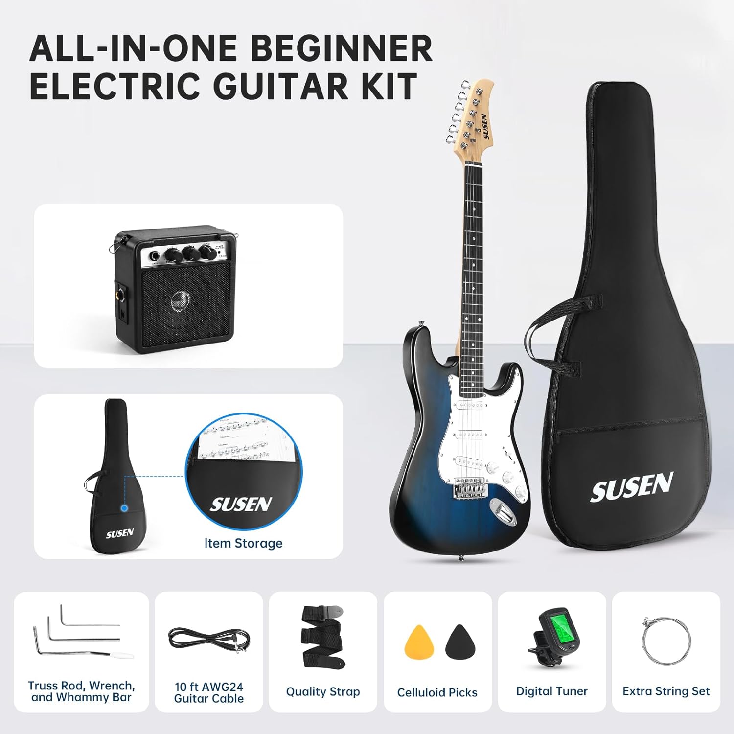 Susen 39”Inch Solid Full Size Electric Guitar Beginner Kit,Electric Guitar Starter Kit,S-S-S Pickups With 5W Amp,Strings, Pick,Tremolo Bar,Bag,Strip,Tuner.Cable,Blue