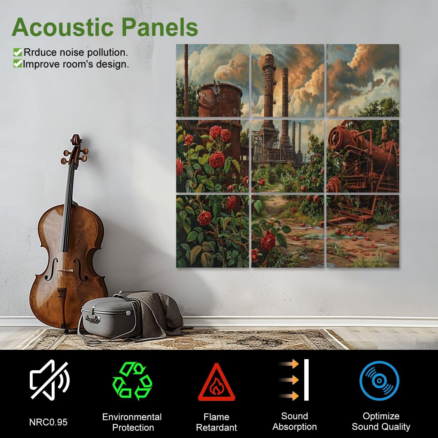 Art Acoustic Panels Self Adhesive Decay Growth Edged Sky Industrial Canvas Art 9 Packs Decorative Soundproof Wall Panels Large Sound Absorbing Panels for Home Office 60