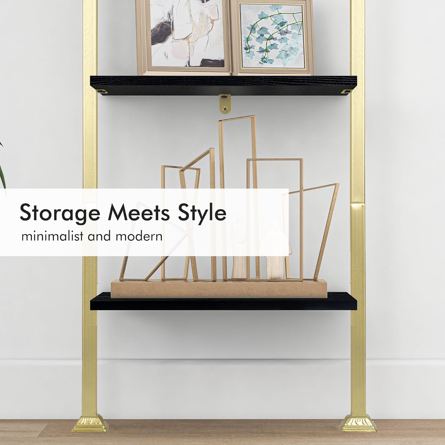 Axeman 5-Tier Ladder Bookcase, Tall Narrow Bookshelf for Small Spaces, Modern Book Storage Organizer Case Open Shelves for Bedroom, Living Room, Office, Library, Gold Metal Frame and Blakc Shelf