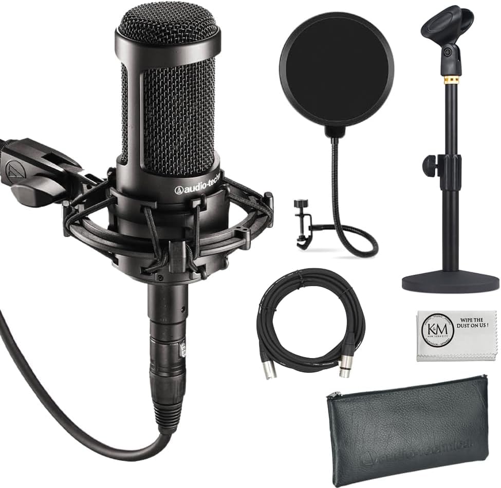 Audio-Technica AT2035 Cardioid Condenser Microphone for Content Creators, Streamers, Podcasters and Musicians Bundled with XLR Cable + Pop Filter + Desktop Mic Stand (4 Items)