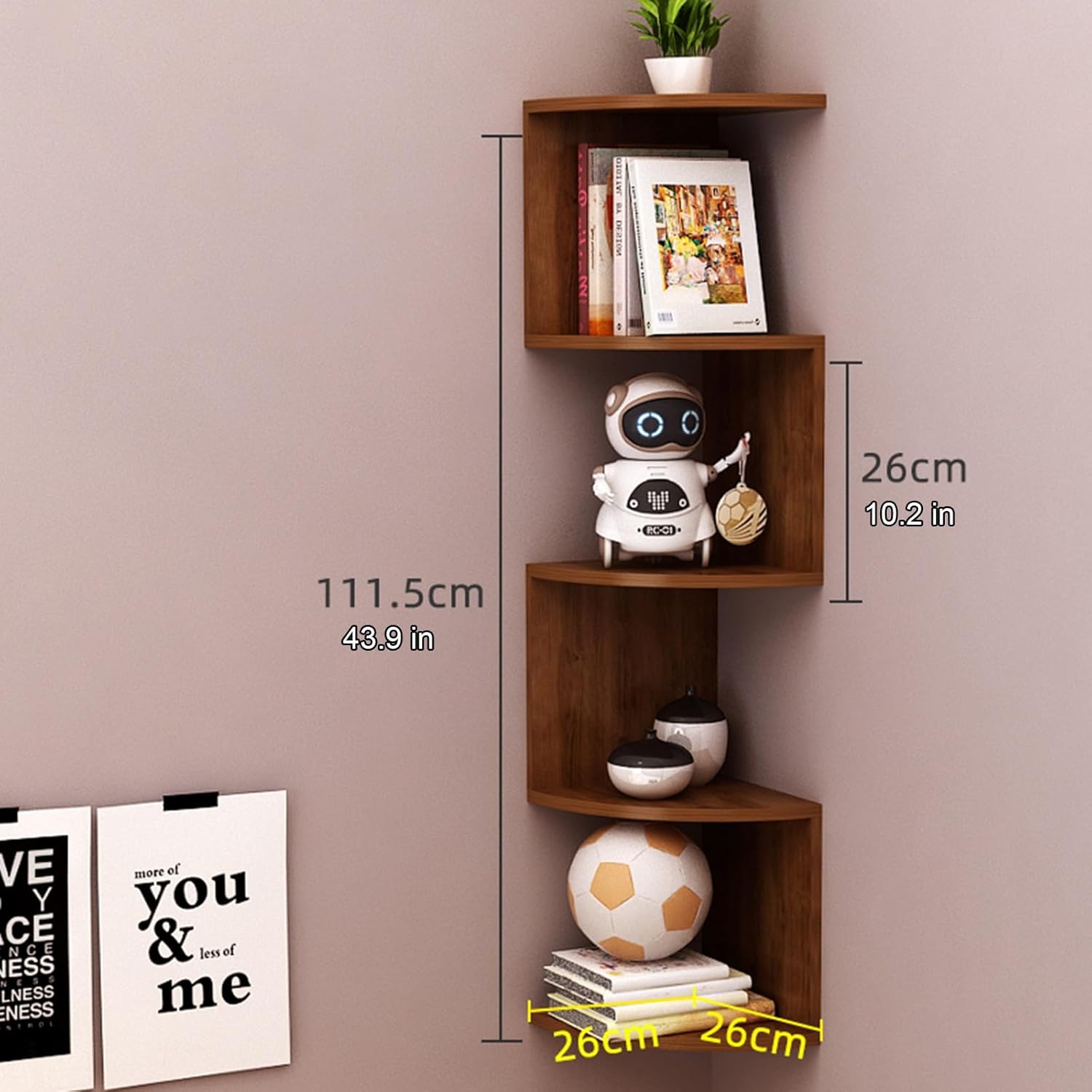 5-Tier Floating Bookshelf, Corner Shelf Wall Mount, Plant Shelf for Bedroom, Living Room, Bathroom, Home, Office, Fit 90-Degree Wall Corners (Brown 5 Tier)