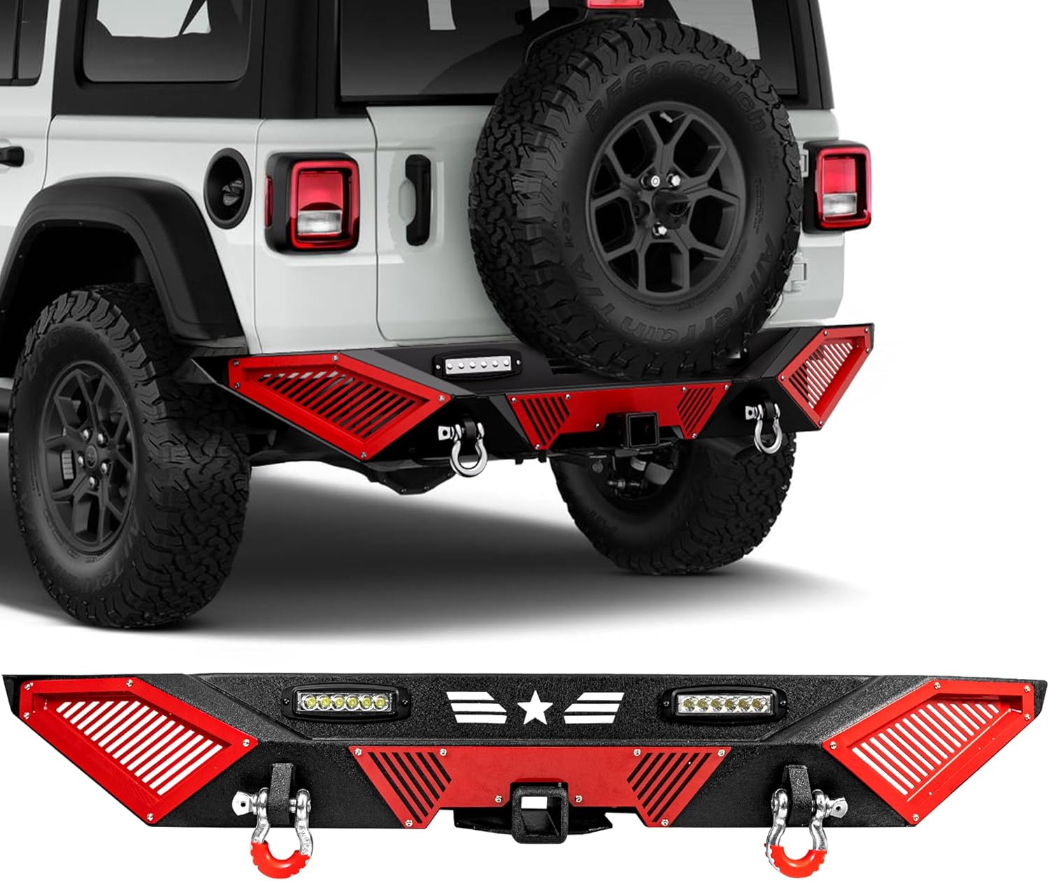 Rear Bumper - Compatible with 2007-2018 JP Wrangler JK/JKU, Off-Road Rock Crawler Full-Width Bumper with LED Lights, 2