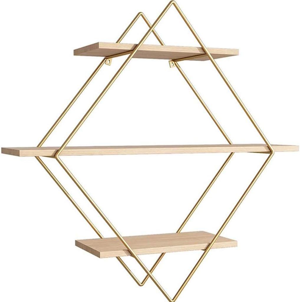 JOCHEN Wall Shelves Wrought Iron Wall Mount,Floating Shelves, 3 Tier Geotric Diamond Wall Shelves, Wood and tal Art