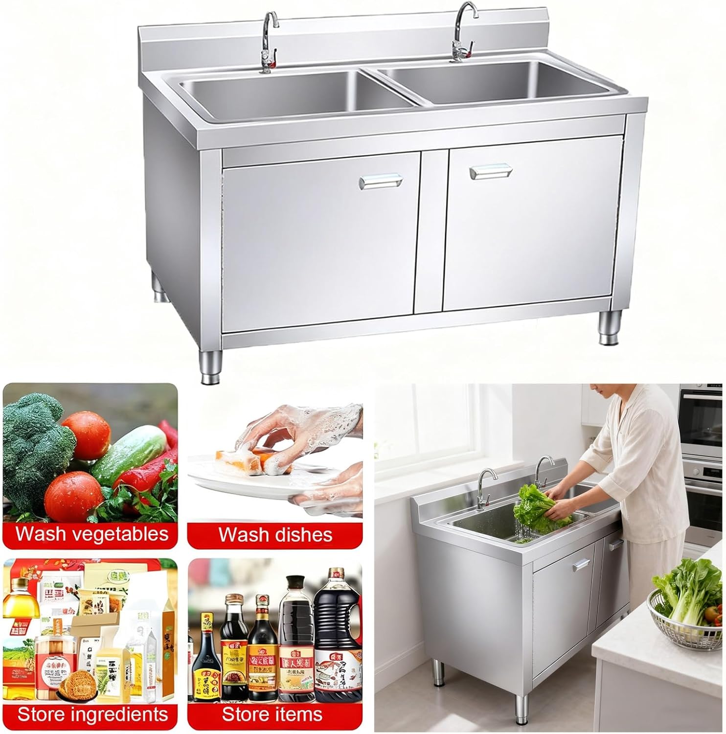 Adjustable-Leg Stainless Steel Sink Freestanding Commercial Double-Bowl Sink Cabinet Multi-Functional Storage Cabinet with Rounded Corners Designed for Construction Site Kitchens