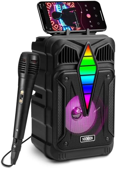 Portable Bluetooth Speaker with Microphone, Wireless Outdoor Speaker with RGB Rhythm Light, Deep Bass, Phone Holder, Ideal for Home, Parties & Outdoor Activities (Black)