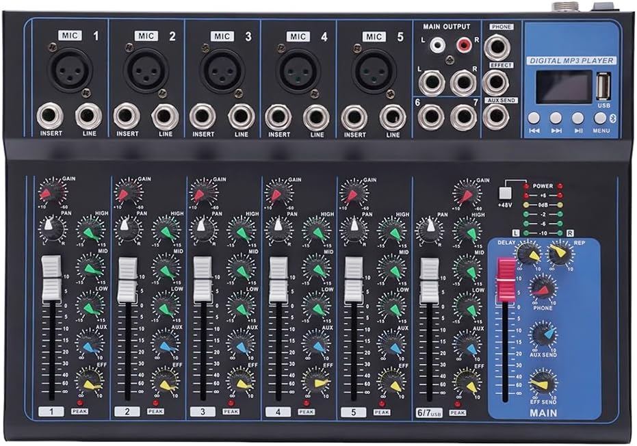 Bluetooth Portable Audio Mixer,7-Channel Sound Reinforcement Mixer MP3 Input 48V Power Studio Audio Mixer w/USB DJ Sound Mixing Console, Professional Live Studio Audio Mixer for Studio Recording