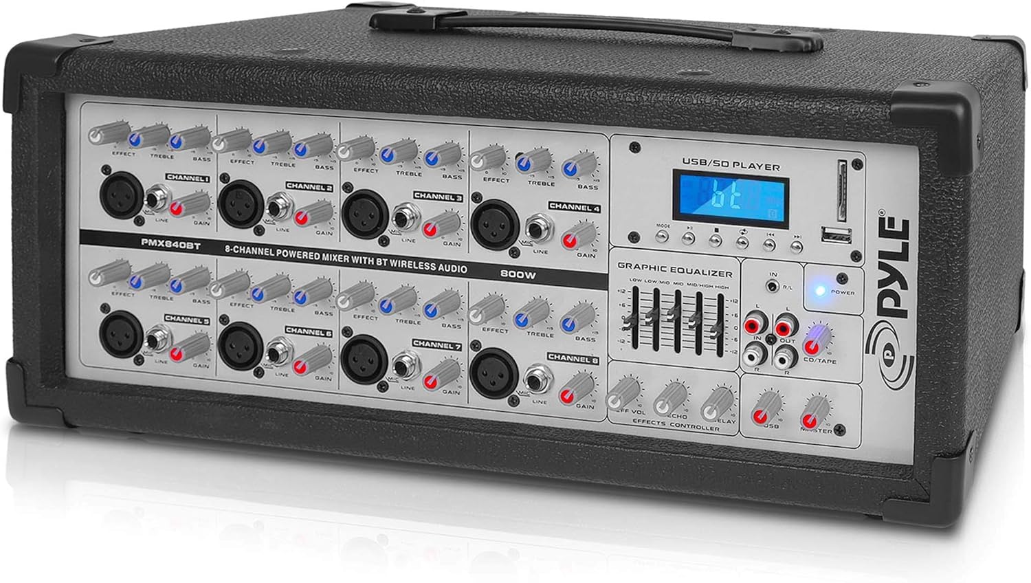 Pyle 800W Powered Stage Mixer with Bluetooth - 8 Channel Pro Audio Sound System w/ USB-A MP3 SD Card Player - RCA/1/4” Effects Loop - Aux Input - Digital LCD Display - Built-in Cooling Fan - PMX840BT