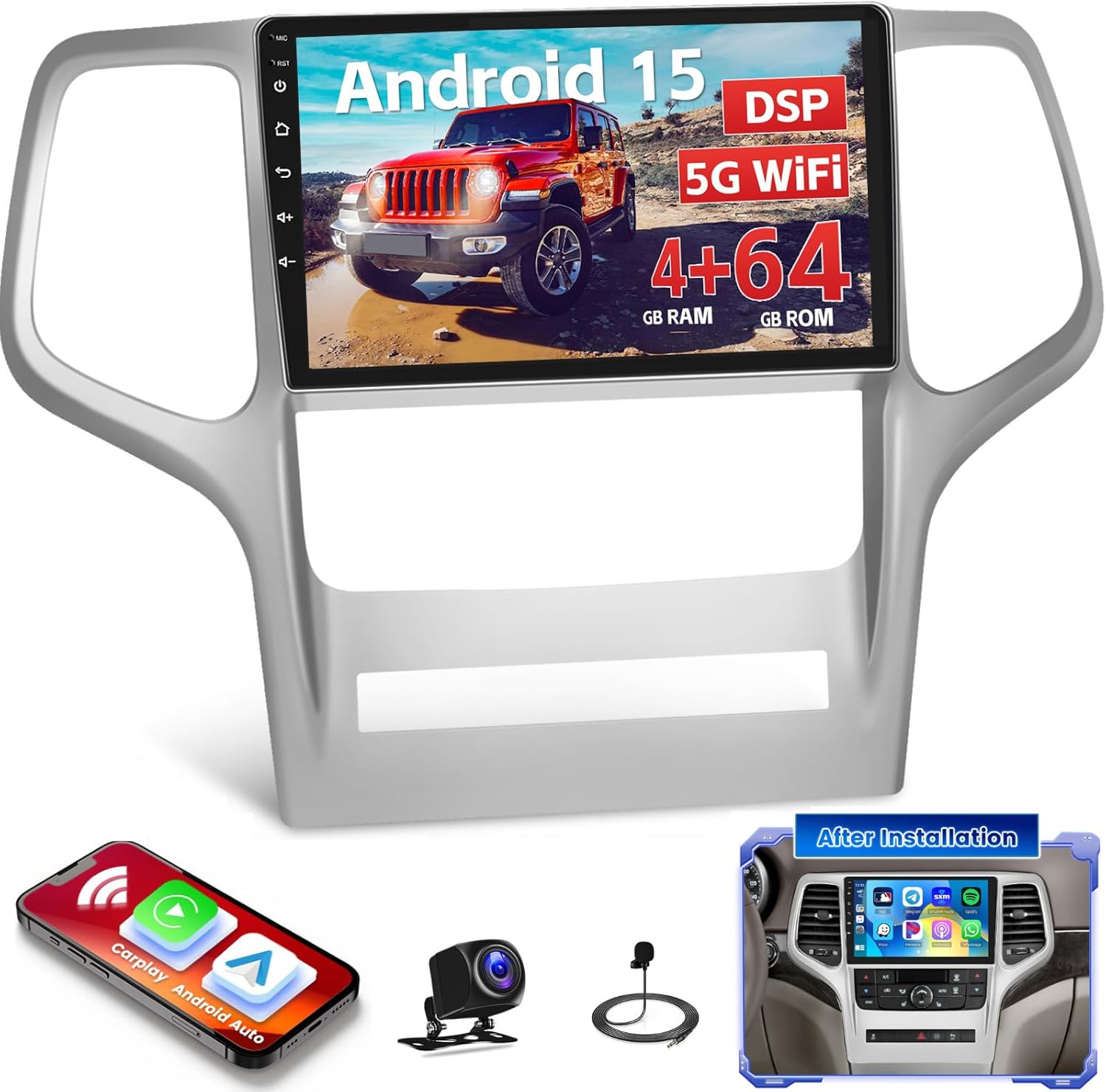 [DSP 4+64G] Android 15 Car Stereo for Jeep Grand Cherokee 2008-2013, Hikity 9'' Touchscreen Cherokee Radio Wireless Carplay Android Auto 5GWiFi 32EQ/FM Radio Bluetooth/1280*720P/GPS Backup Cam+Canbus