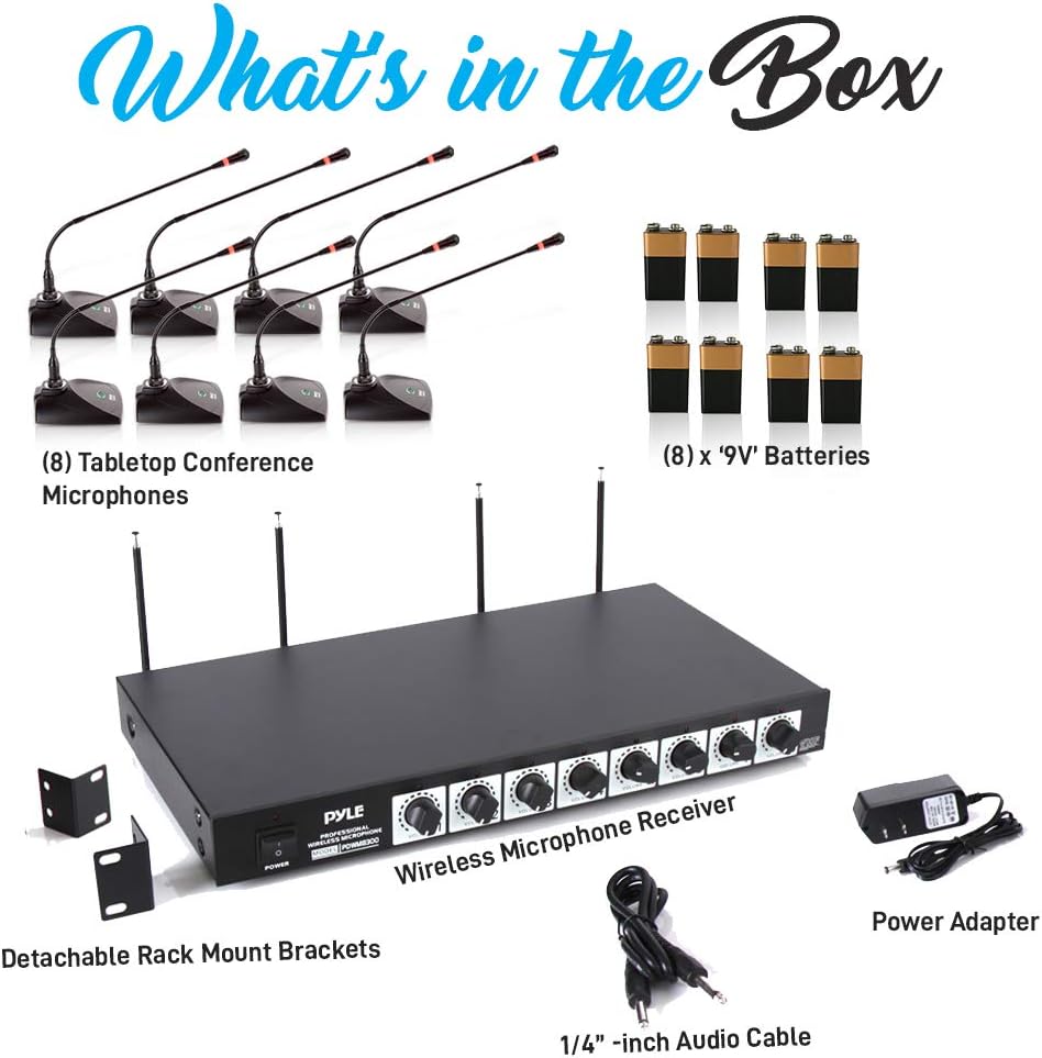 Pyle 8 Channel Wireless Microphone System - Portable VHF Cordless Audio Mic Set with 1/4