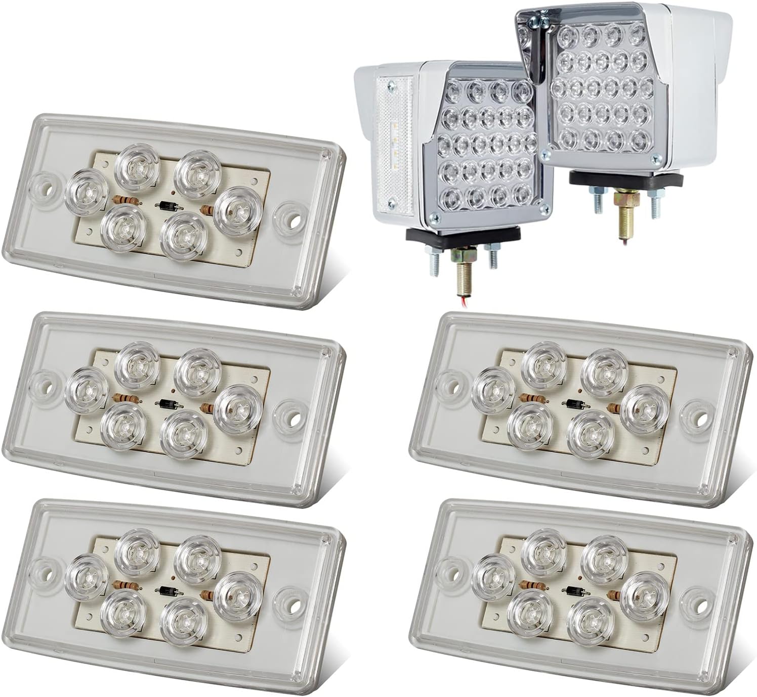 Partsam Double Face Square LED Fender Pedestal Lights Amber/Red 52 LED 3 Studs Mount Truck Trailer Stop Tail Turn Signal Lights+5x6 LED Amber Roof Clearance Marker Lights