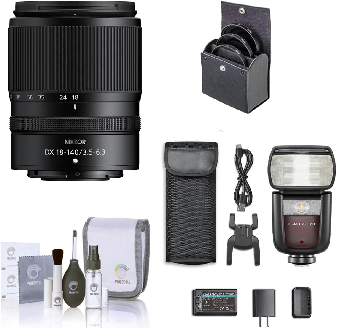 Nikon NIKKOR Z DX 18-140mm f/3.5-6.3 VR Lens, Bundle with Flashpoint Zoom Li-on III R2 TTL Speedlight Flash, 62mm Filter Kit, Cleaning Kit
