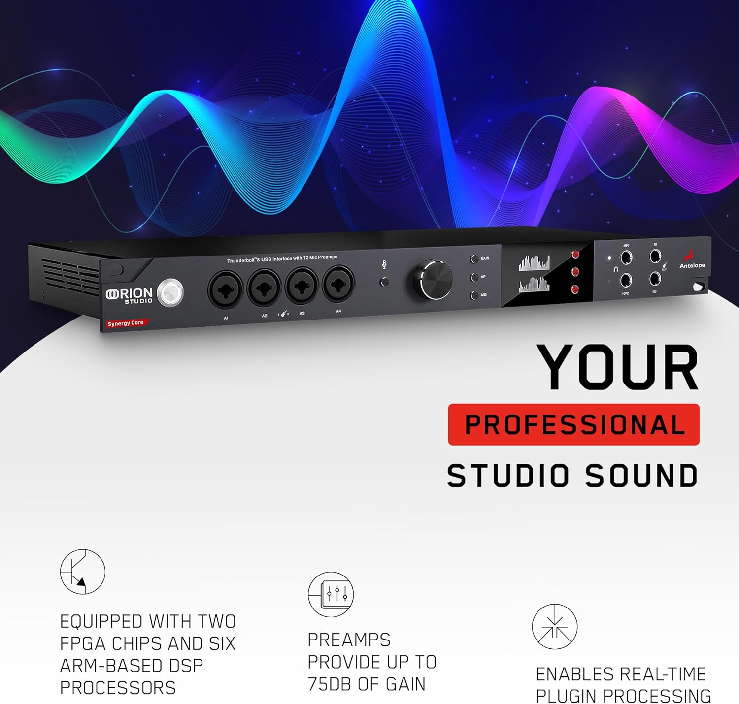 Antelope Audio Orion Studio Synergy Core Professional Digital Audio Interface w/ 12 Preamps & 50 Real-Time Plugins — Thunderbolt 3 Music Recording Studio Interface w/DSP Processing for Mac/Windows