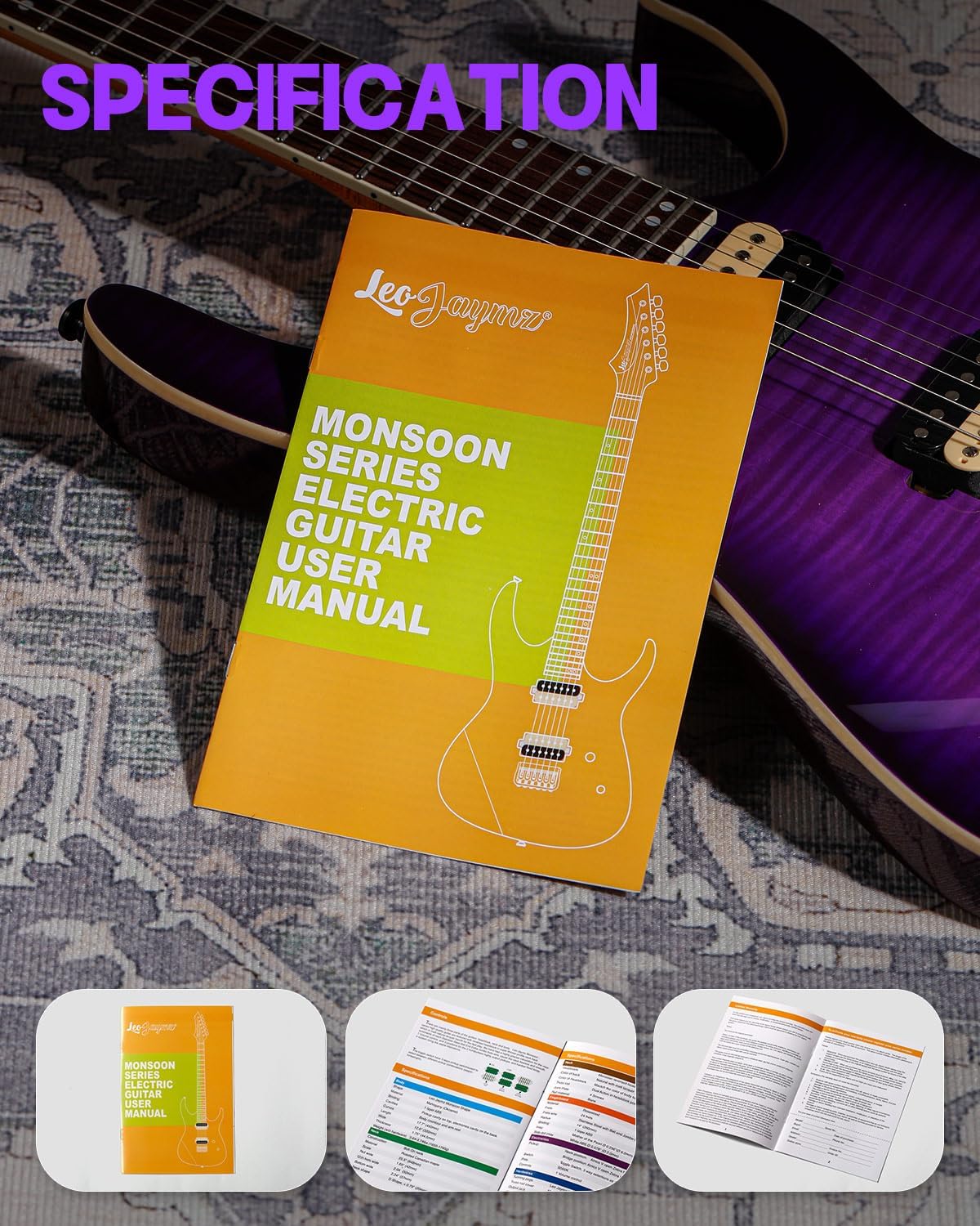 Leo Jaymz Electric Guitar Monsoon Series,Reverse Headstock,Mahogany Body,Roasted Maple Neck,Rosewood Fretboard,Locking Tuners,Rounded End Frets (Violet Flame)