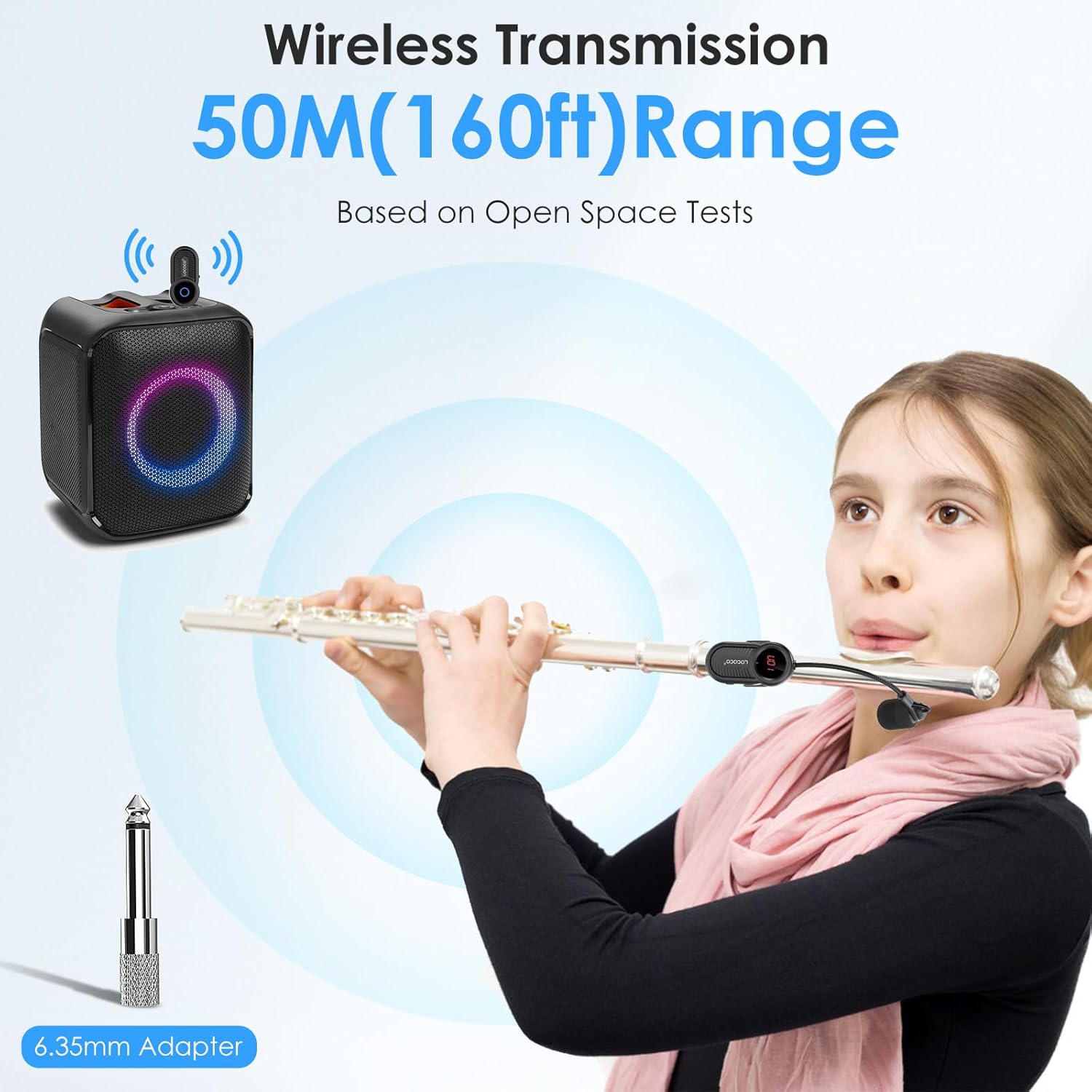 Lococo UHF Wireless Flute Microphone System: Wind Music Instruments Microphone Receiver and Transmitter, 160ft Range with Digital Screen, for Flute, Piccolo, Clarinet
