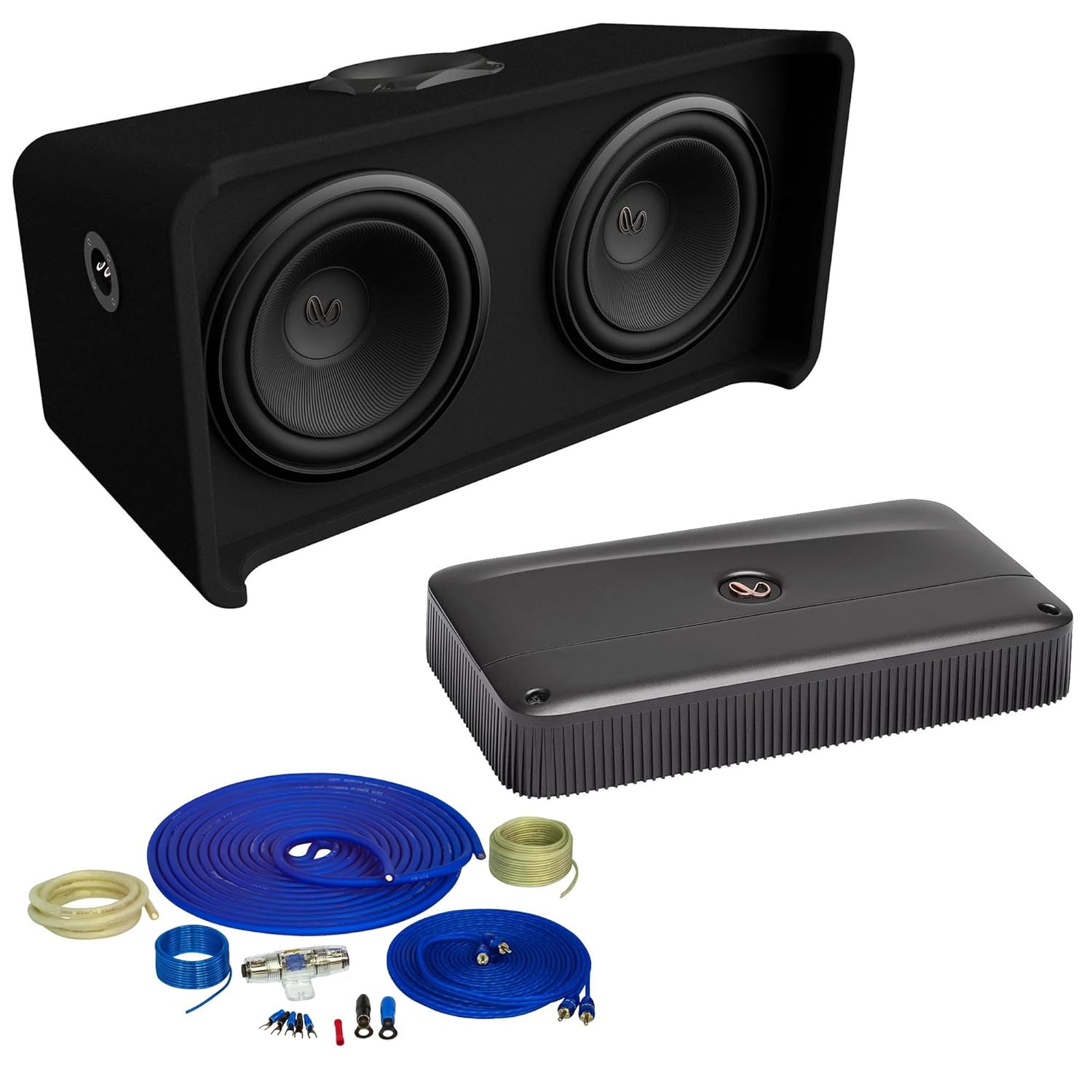 Infinity REFERNCE1200D Reference Series Dual 12” Slip Stream Ported Enclosure 2ohm with Reference10001A Mono Amplifier 1000 Watt RMS and OFC Wiring Kit