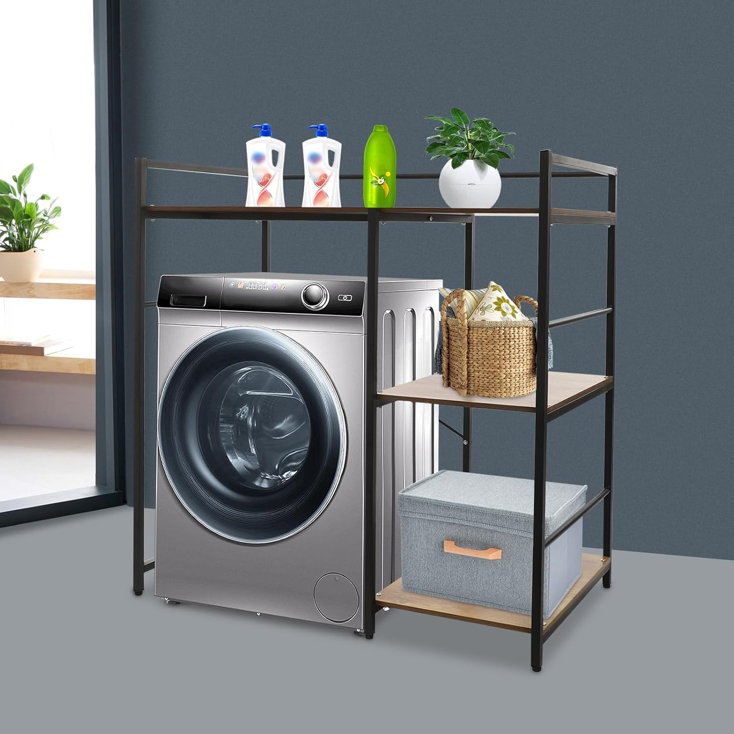 3-Tier Washing Machine Storage Shelf, Heavy-Duty Laundry Room Storage Organizer with 3 Shelves and Footpads, Bathroom Washer Dryer Storage Shelf for Placing Drum Washing Machines, Dryers