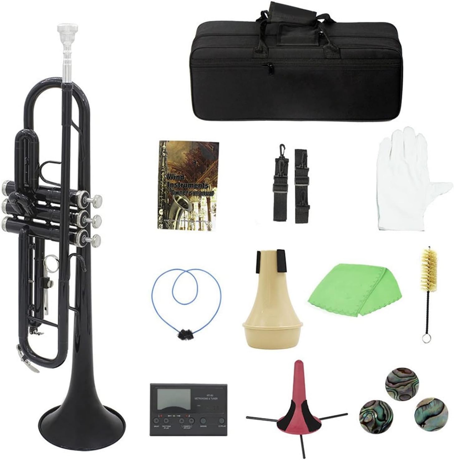 FLFL Student Trumpet Bb B Flat Trumpet Brass with Mouthpiece Carry Bag Tuner Mute Trumpet Stand Gloves Cleaning Tools Wind Instrument (Color : Dark Black)