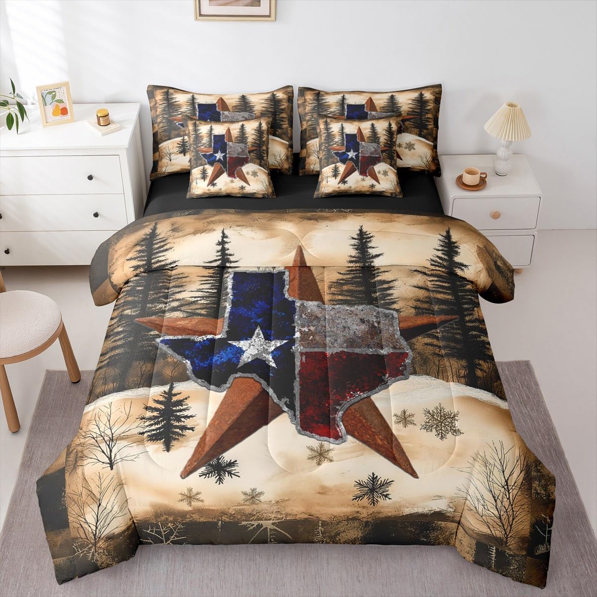 Erosebridal Western Comforter Sets with Sheets - Texas Star Bedding Set Queen for Boys Girls Brown Rustic Farmhouse Style 7Pcs Bed in A Bag Vintage American Flag Bed Set