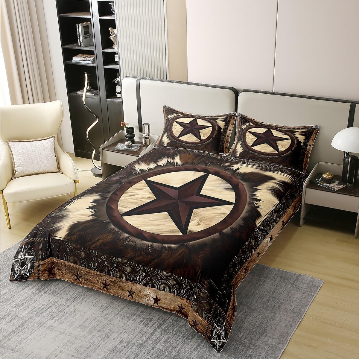Erosebridal 100% Natural Cotton Rustic Cow Print Duvet Cover Full,Vintage Western Texas Star Bedding Set for Women Men,Cowhide Bull Cattle Fur Comforter Cover,Farm Animal Bed Sets with 2 Pillow Shams