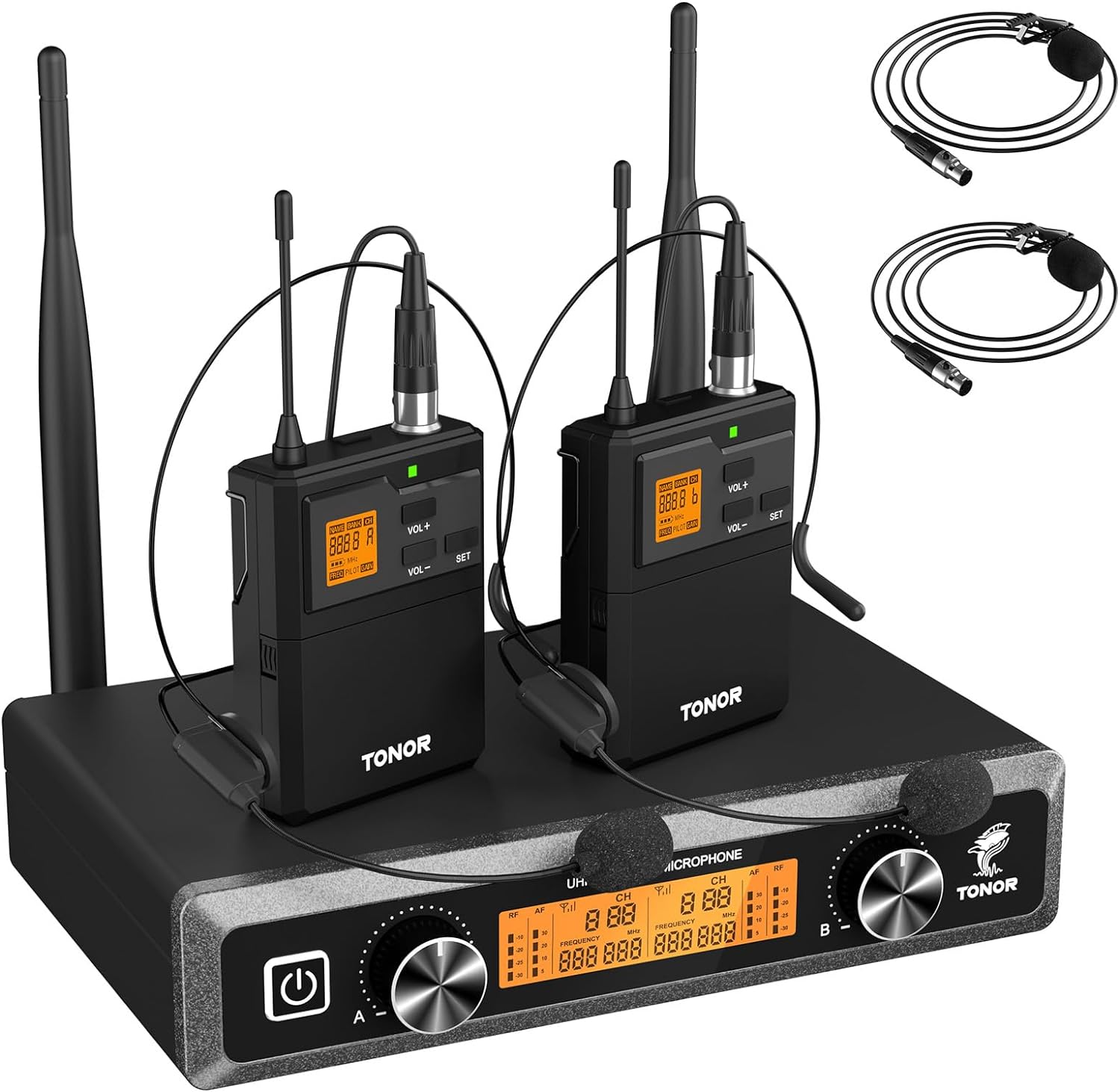 TONOR UHF Wireless Microphones System with Headset/Lavalier Lapel Mics, Bodypack Transmitter, Receiver, 2*15 Channels, 200ft Range for Live Singing Karaoke Church Party DJ PA Speaker Mixer Recording