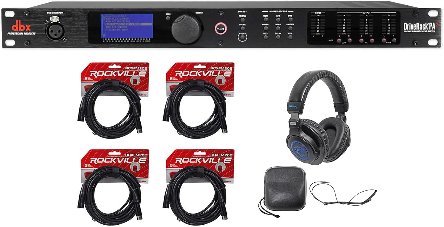 Audiosavings Bundle (1) rv DJ1500 DJ Headphones w/Detachable Coil Cable bundle with (1) DBX DriveRack PA2 Speaker & (2) rv RCXFM20E-B 20 Foot Female to Male XLR Mic Cable (Items 4)