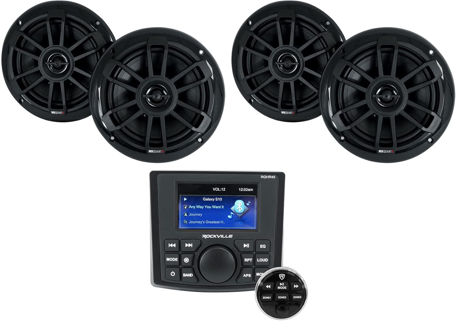 Rockville RGHR45 4 Zone Bluetooth Marine Receiver Bundle with (4) MB Quart NF1-116B 6.5