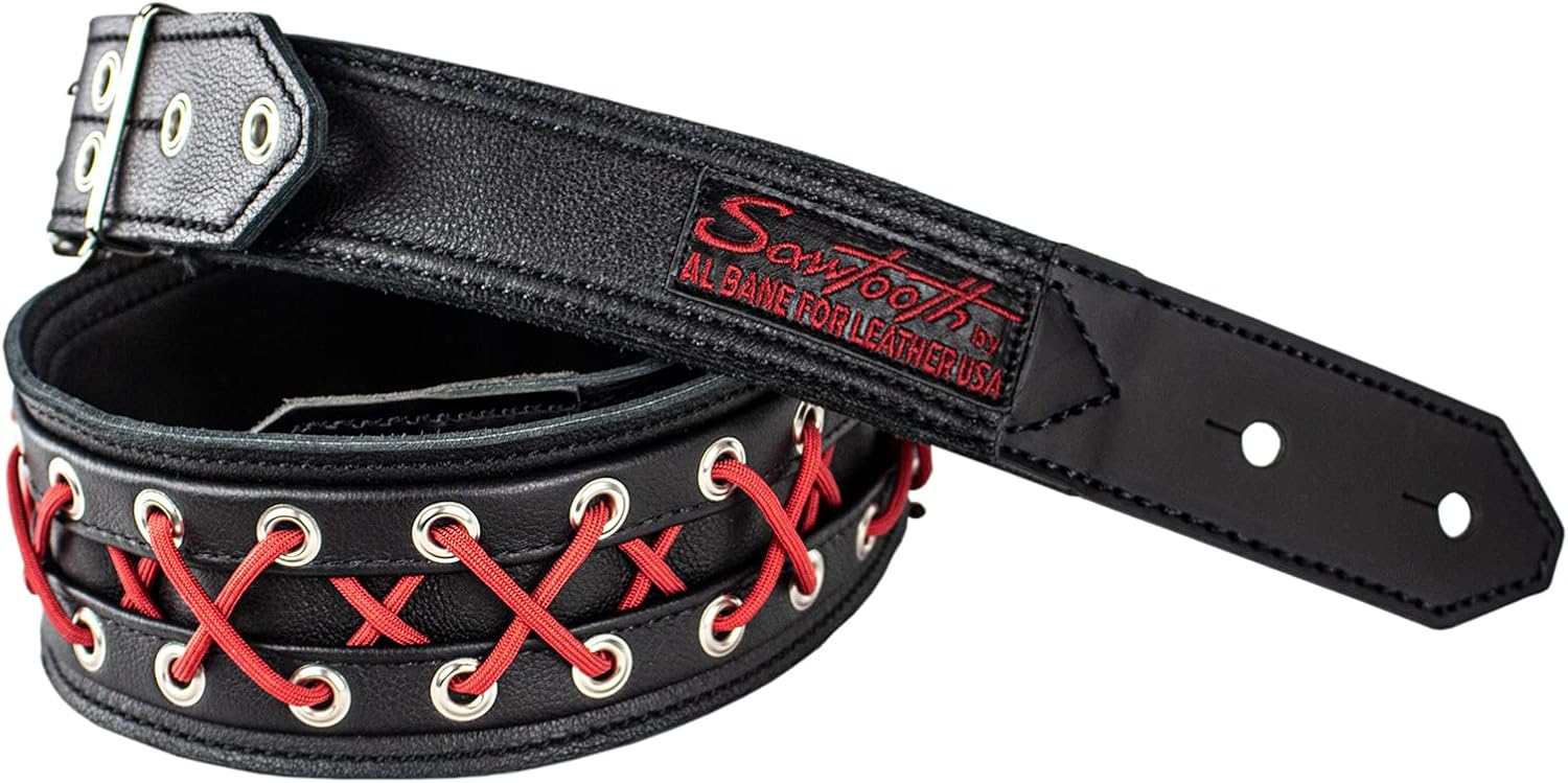 Sawtooth Red Lace 3” Wide Leather Guitar Strap Hand Crafted in the U.S.A.