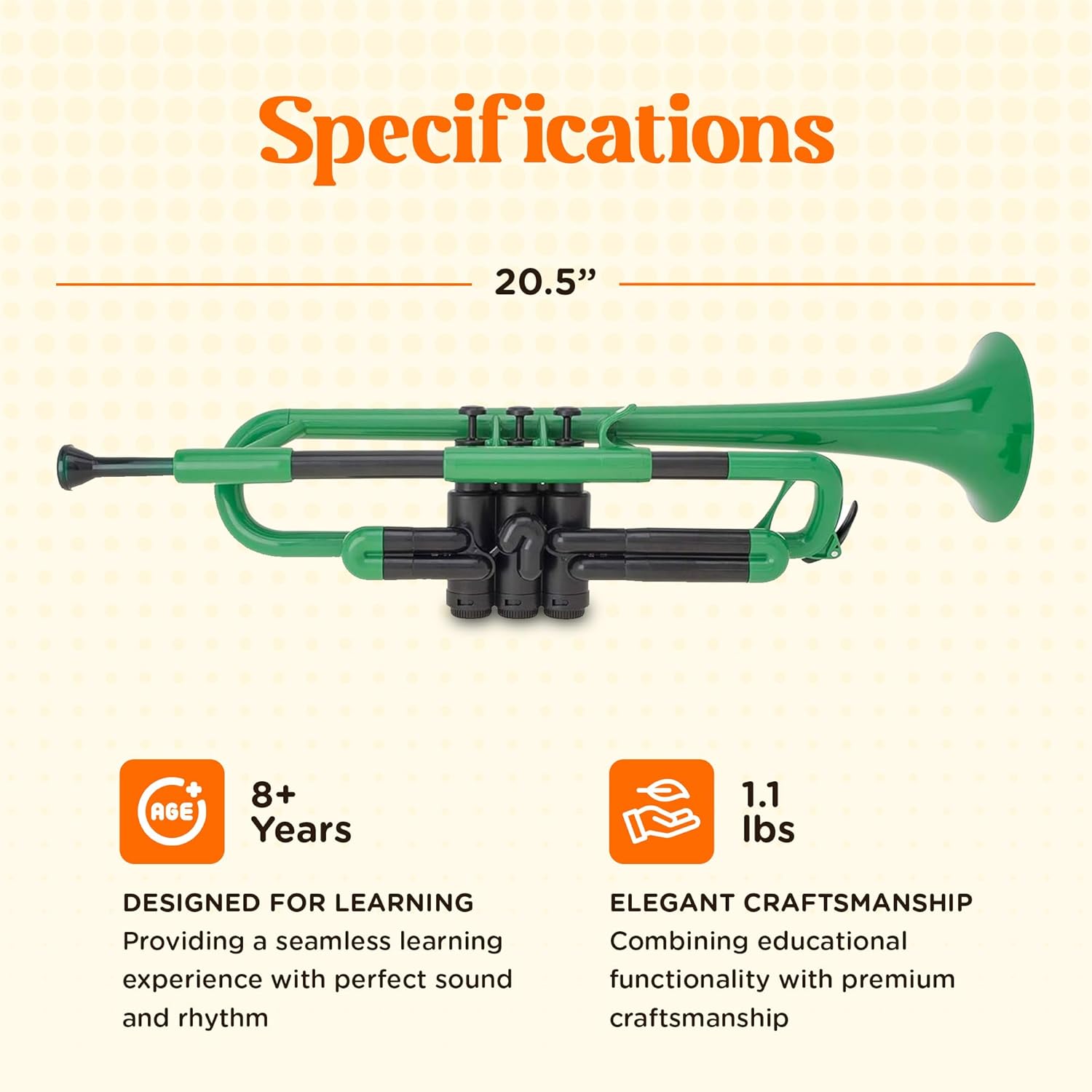 pTrumpet Bb Plastic Trumpet - Durable pInstruments Design with Ergonomic Grip - Includes 3C & 5C Mouthpieces and Carrying Bag - Authentic Sound for Students & Beginners - ABS Build - Green