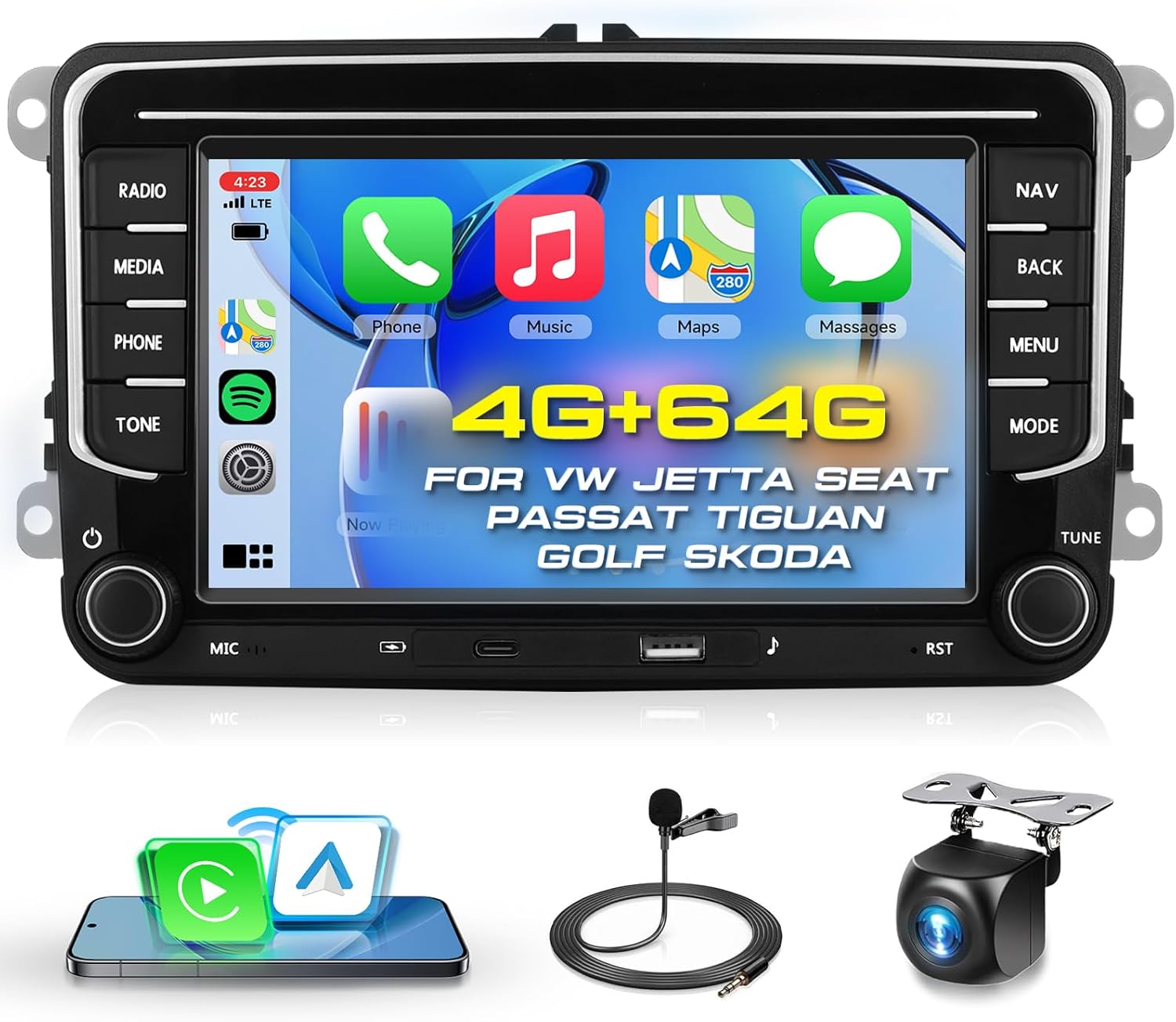 [Type-C+USB] 4G+64G Car Radio for VW Jetta Seat Passat Tiguan Golf Skoda with Wireless Carplay/Android Auto, 7 Inch IPS Touch Screen Car Stereo with Android 13 DSP Audio GPS WiFi Bluetooth